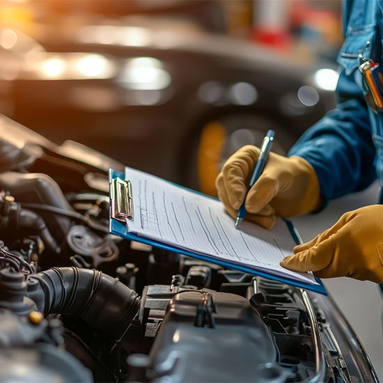 Auto technician under hood with checklist